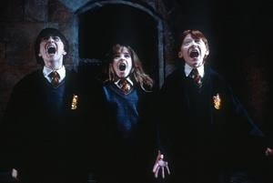Daniel Radcliffe, Emma Watson e Rupert Grint in una scena di Harry Potter e la pietra filosofale