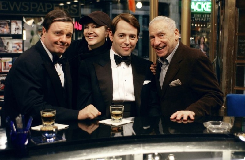 Mel Brooks con Matthew Broderick e Nathan Lane sul set di The Producers