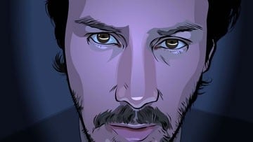 Un primo piano di Keanu Reeves in una scena del film A scanner darkly