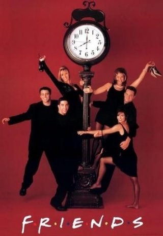 Un'immagine promozionale della serie Friends con i protagonisti sotto un orologio