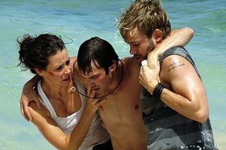 Dominic Monaghan con Evangeline Lilly e Ian Somerhalder nell'episodio 'Il coniglio bianco' di Lost