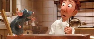 Linguini e Remy in cucina in una scena del film Ratatouille