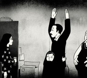 Un'immagine del film Persepolis, con la piccola protagonista e suo padre