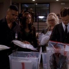 Shemar Moore, Lola Glaudini,  Kirsten Vangsness e Matthew Gray Gubler mentre esaminano delle prove nell'episodio 'Natural born Killer' della serie Criminal Minds