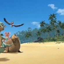Il dinosauro Impy e la sua banda di scatenati amici in una scena del film d'animazione Impy e il mistero dell'isola magica