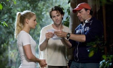 Anna Paquin, Stephen Moyer ed Alan Ball sul set di True Blood