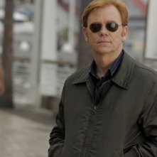 David Caruso (Horatio Caine) durante una pausa delle riprese di CSI Miami nell'episodio Internal affairs