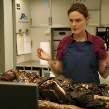 Emily Deschanel esamina il corpo ritrovato nel forno nell'episodio 'The Passenger in the Oven' della serie tv Bones