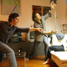 Il regista Attilio Azzola, il direttore della fotografia Valerio Ferrario e l'attrice Roisin Grieco sul set del film Diari