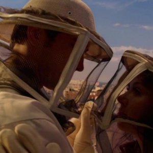 Lee Pace e Anna  Friel in una scena romantica e bizzarra dell'episodio 'Il Piccione' della serie tv Pushing Daisies