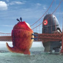 Insectosaurus contro un invasore alieno in un'immagine del film d'animazione Mostri contro Alieni