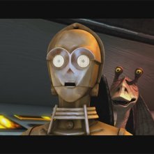 C-3PO e Jar Jar Binks insieme per salvare Padme Amidala nell'episodio 'Bombad Jedi' della serie tv Le guerre dei Cloni