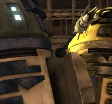 R2-D2 e R3-S6 in una scena dell'episodio 'Duel of Droids' della serie Star Wars: Le guerre dei Cloni
