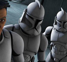 Un drappello di soldati della Repubblica nell'episodio 'Rookies' della serie Star Wars: Le guerre dei Cloni