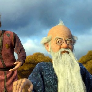 Artie parla con Merlino in una scena del film Shrek Terzo