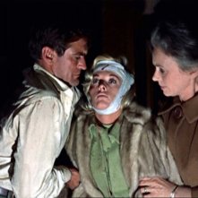 Rod Taylor sorregge Tippi Hedren con Jessica Tandy in una scena del film Gli uccelli ( 1963 )