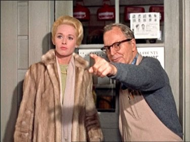 Tippi Hedren e John McGovern in una scena del film Gli uccelli ( 1963 )