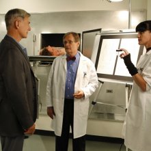 Mark Harmon, David McCallum e Pauley Perrette nella camera mortuaria dell'episodio Outlaws and In-Laws di Navy NCIS