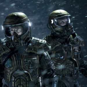 Justin Louis e Brian J. Smith con le tute sul pianeta sconosciuto nell'episodio Water di Stargate Universe