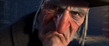 Un primo piano di Scrooge nel film d'animazione A Christmas Carol (2009)