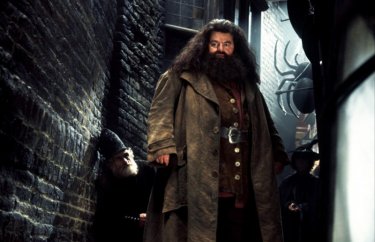 Hagrid (Robbie Coltrane) a Nocturne Alley in una scena di Harry Potter e la camera dei segreti