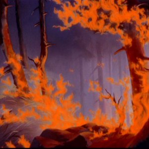 Il bosco in fiamme in una scena del film d'animazione Bambi