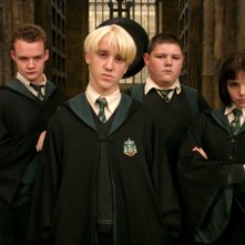 Gregory Goyle (Joshua Herdman), Draco Malfoy (Tom Felton), Vincent Tiger (Jamie Waylett) e Pansy Parkinson (Genevieve Gaunt) in Harry Potter e il prigioniero di Azkaban