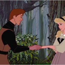 Il principe Filippo e la principessa Aurora in una scena de La bella addormentata nel bosco ( 1959 )
