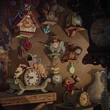 Alcuni degli orologi di Geppetto in una scena del film d'animazione Pinocchio