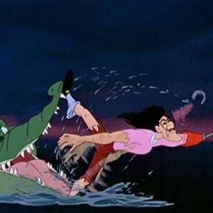Capitan Uncino inseguito dal coccodrillo in una scena del film Le avventure di Peter Pan ( 1953 )