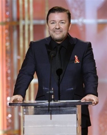 Ricky Gervais in uno momento della cerimonia di premiazione dei Golden Globes 2010