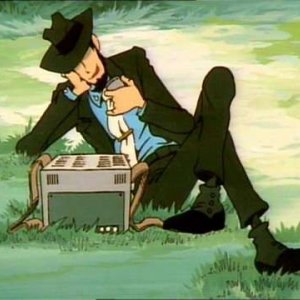 Jigen in una scena dell'episodio Trappola su quattro ruote della serie Le avventure di Lupin III