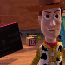 Woody in una scena del film d'animazione Toy Story (1995)