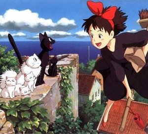 La piccola Kiki e Jiji in una sequenza del cartoon Kiki consegne a domicilio del 1989