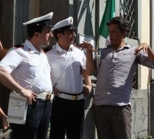 Stefano Simondo, Fiorello e Luigi Toto sul set di uno spot Sky girato a Bracciano nel 2010.