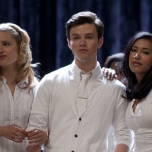 Dianna Agron, Chris Colfer e Naya Rivera nell'episodio 'Grilled Cheesus' della seconda stagione di Glee
