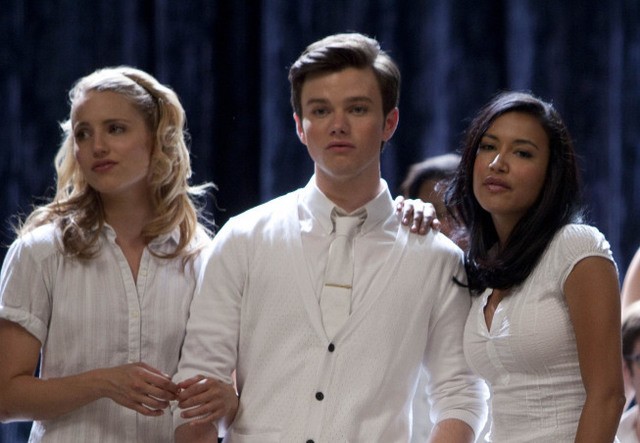 Dianna Agron, Chris Colfer e Naya Rivera nell'episodio 'Grilled Cheesus' della seconda stagione di Glee
