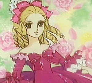 La regina di Francia, Maria Antonietta, fluttua tra le rose in una sequenza dell'anime Lady Oscar