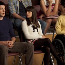 Cory Monteith, Lea Michele e Kevin McHale nell'episodio Never Been Kissed di Glee