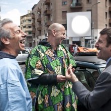 Aldo, Govanni e Giacomo durante le riprese de La banda dei Babbi Natale