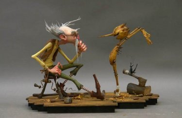 Mastro Geppetto e il suo Pinocchio nella pellicola di animazione diretta da Gris Grimly