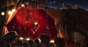 Pinocchio nel teatro dei burattini nella pellicola di animazione diretta da Gris Grimly