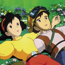 Pazu e Sheeta in una scena del film d'animazione Laputa: castello nel cielo