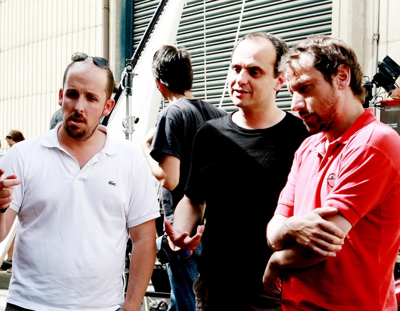 Mattia Torre, Luca Vendruscolo e Giacomo Ciarrapico sul set di Boris il film