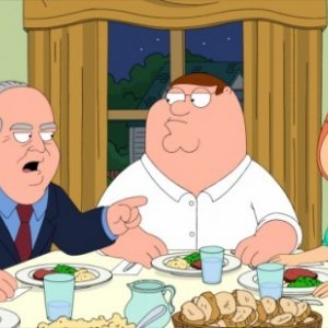 Rush Limbaugh con Peter e Lois in una scena di Excellence in Broadcasting de I Griffin