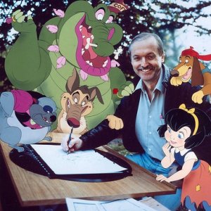 Don Bluth con i protagonisti del film d'animazione Charlie - Anche i cani vanno in paradiso