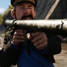 Capitan Haddock prende la mira in una scena di Le Avventure di Tintin: il segreto dell'Unicorno