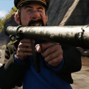 Capitan Haddock prende la mira in una scena di Le Avventure di Tintin: il segreto dell'Unicorno