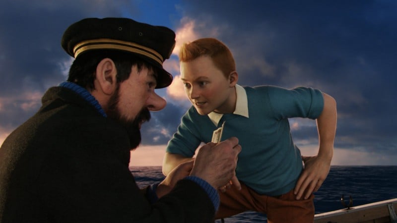 Le Avventure di Tintin: il Segreto dell'Unicorno, Tintin e il capitano Haddock in mare aperto in una scena del film