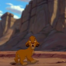 Il piccolo Simba si guarda intorno impaurito in una scena de Il re leone 3D